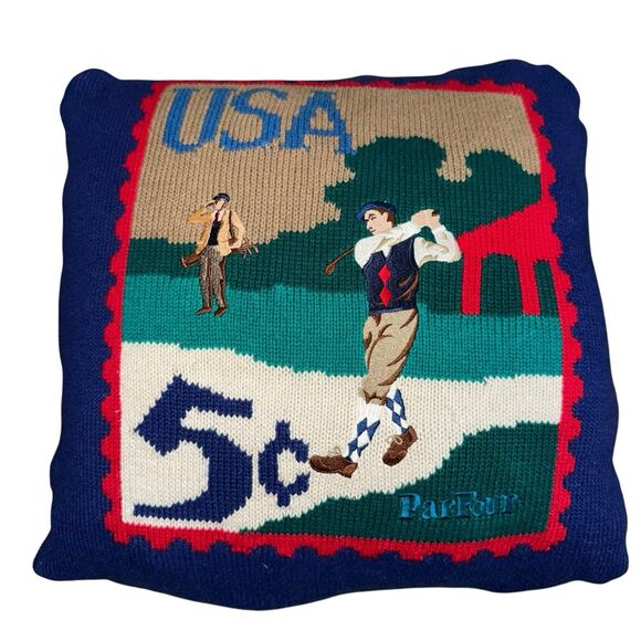 Handmade Other - Vintage Golf Embroidered Graphic Knit Pillow Par‎ For USA Stamp Navy Blue